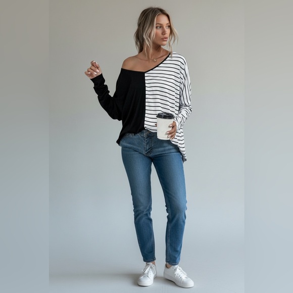 NEW•L-XL•TCB•Minimalist Chic Black & White Modern Style Statement Top - Picture 2 of 14